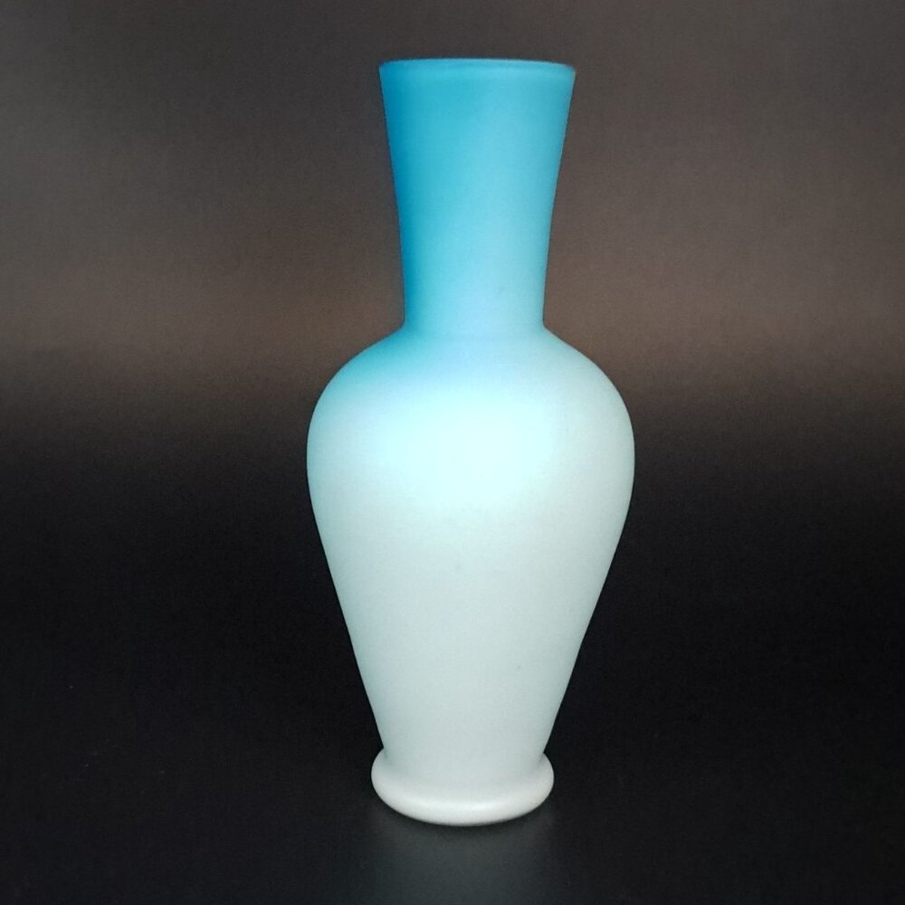 Fenton Blue White Cased Satin Glass Vase Frosted Ombre Art Glass Decor Vintage